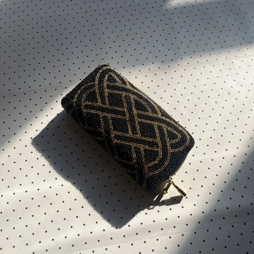 Vintage Black Beaded Evening Clutch Purse Gold Silver Geometric Art Deco Glam